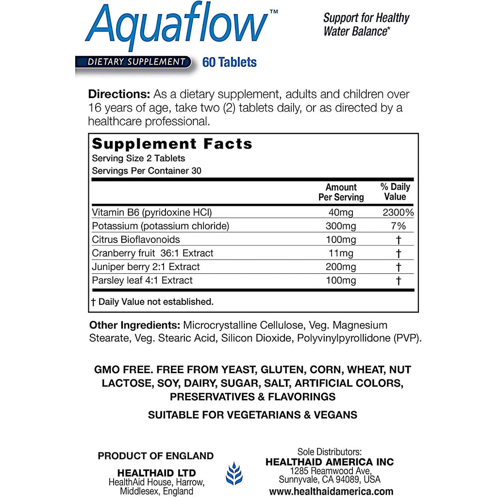 Aquaflow Water Balance Support Tablets – Helps Maintain Healthy Fluid Balance & Reduce Occasional Water Retention – Botanical Blend with Juniper, Parsley & Cranberry – Vegan – 60 Tablets*