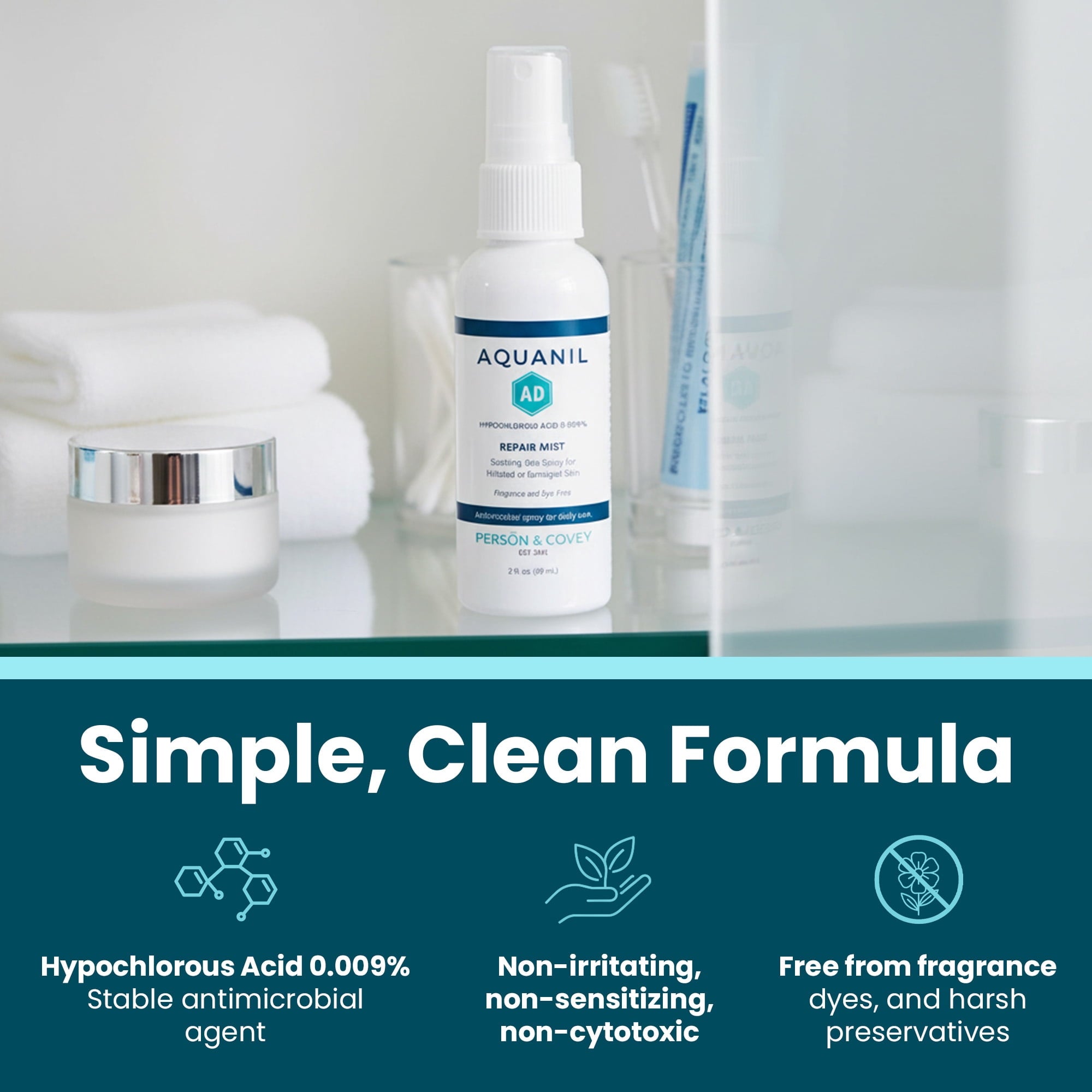 Aquanil AD Repair Mist Hypochlorous Acid Spray 0.009% for Sensitive Skin, Gentle Mist for Irritation & Wound Care, Fragrance-Free, 2 oz