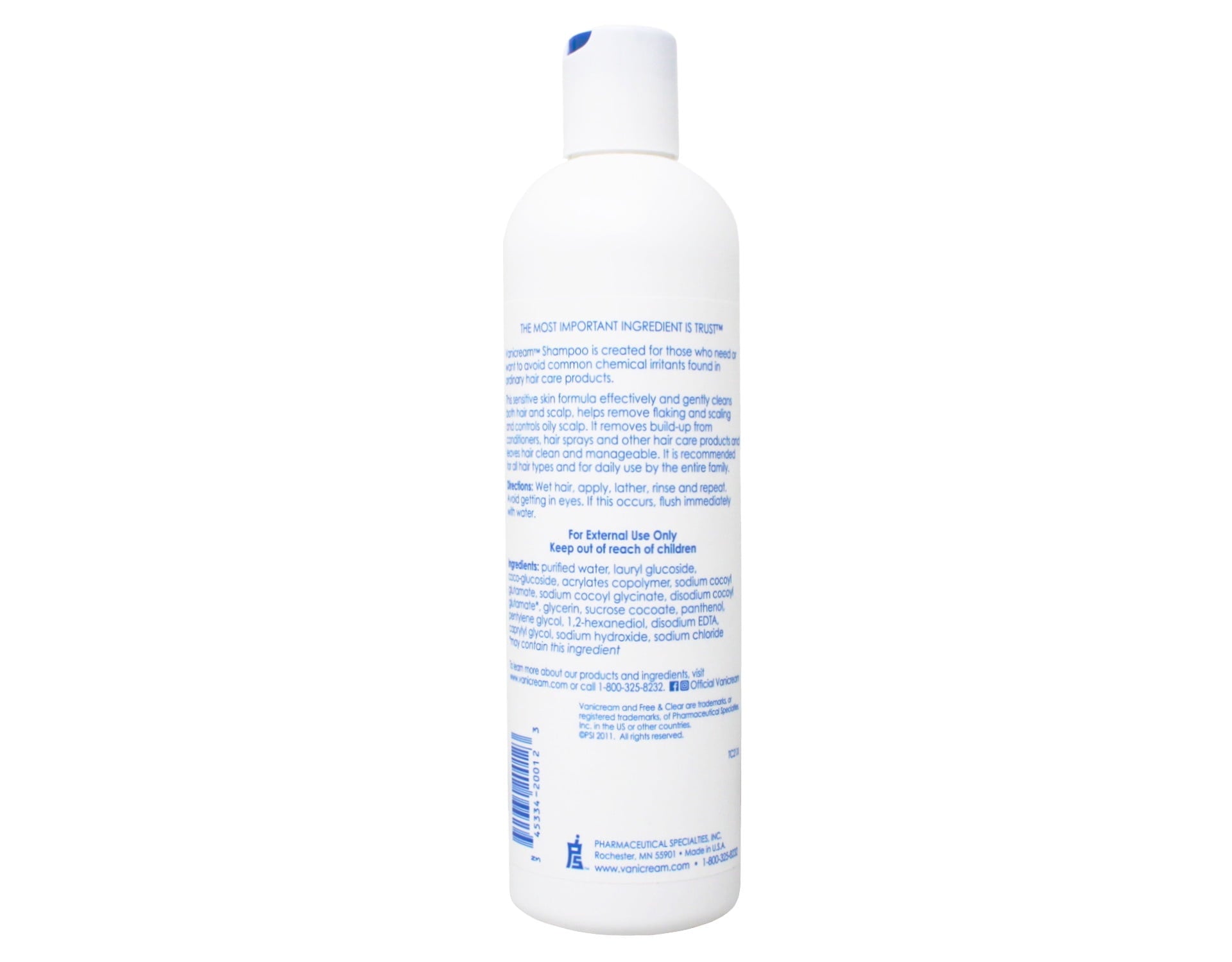 Vanicream Free & Clear Dermatologist Tested, Non-Irritating for Sensitive Skin, Cleansing Adult Daily Shampoo, Unscented, 12 fl oz