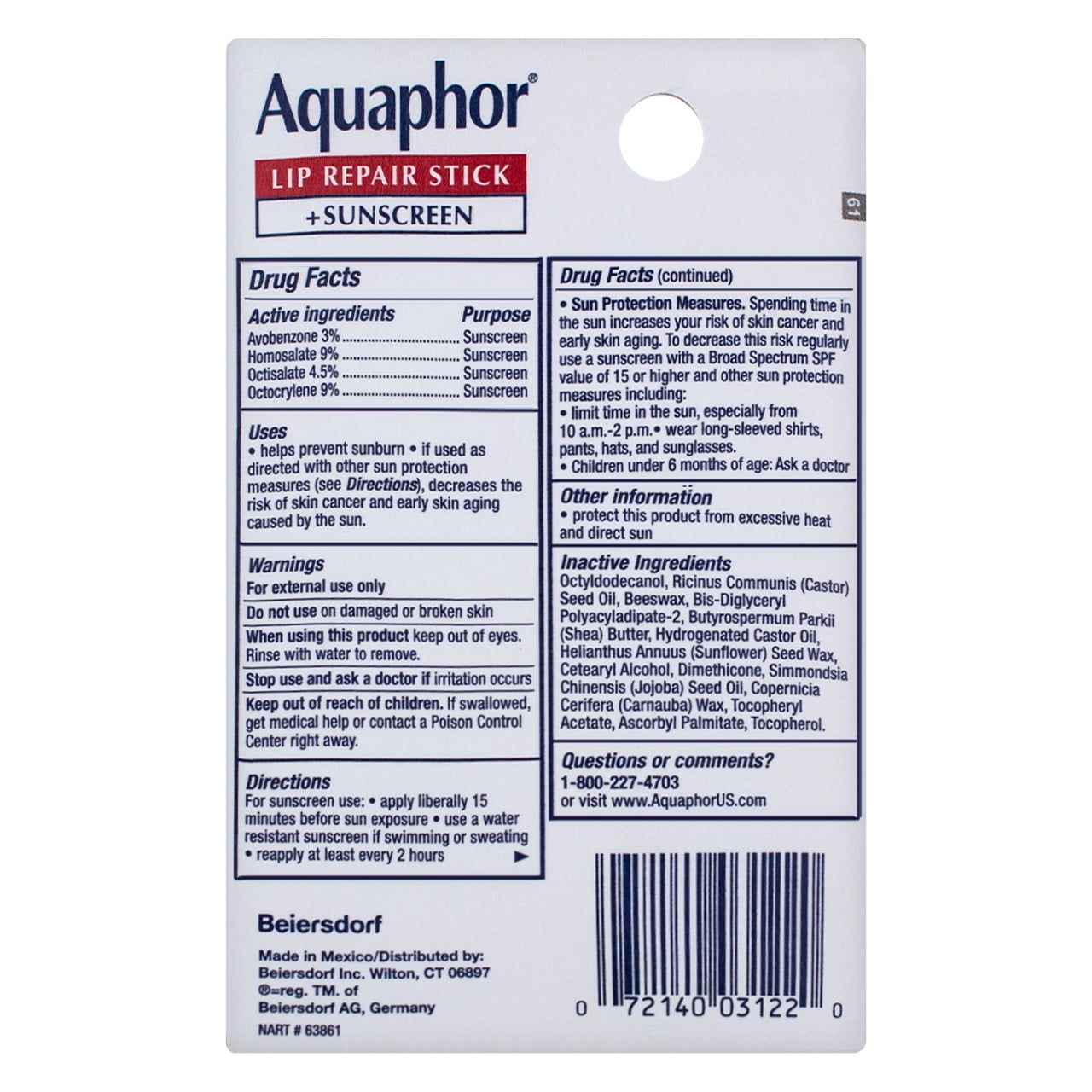 Aquaphor Broad Spectrum SPF 30 Lip Repair Stick + Sunscreen 0.17 oz