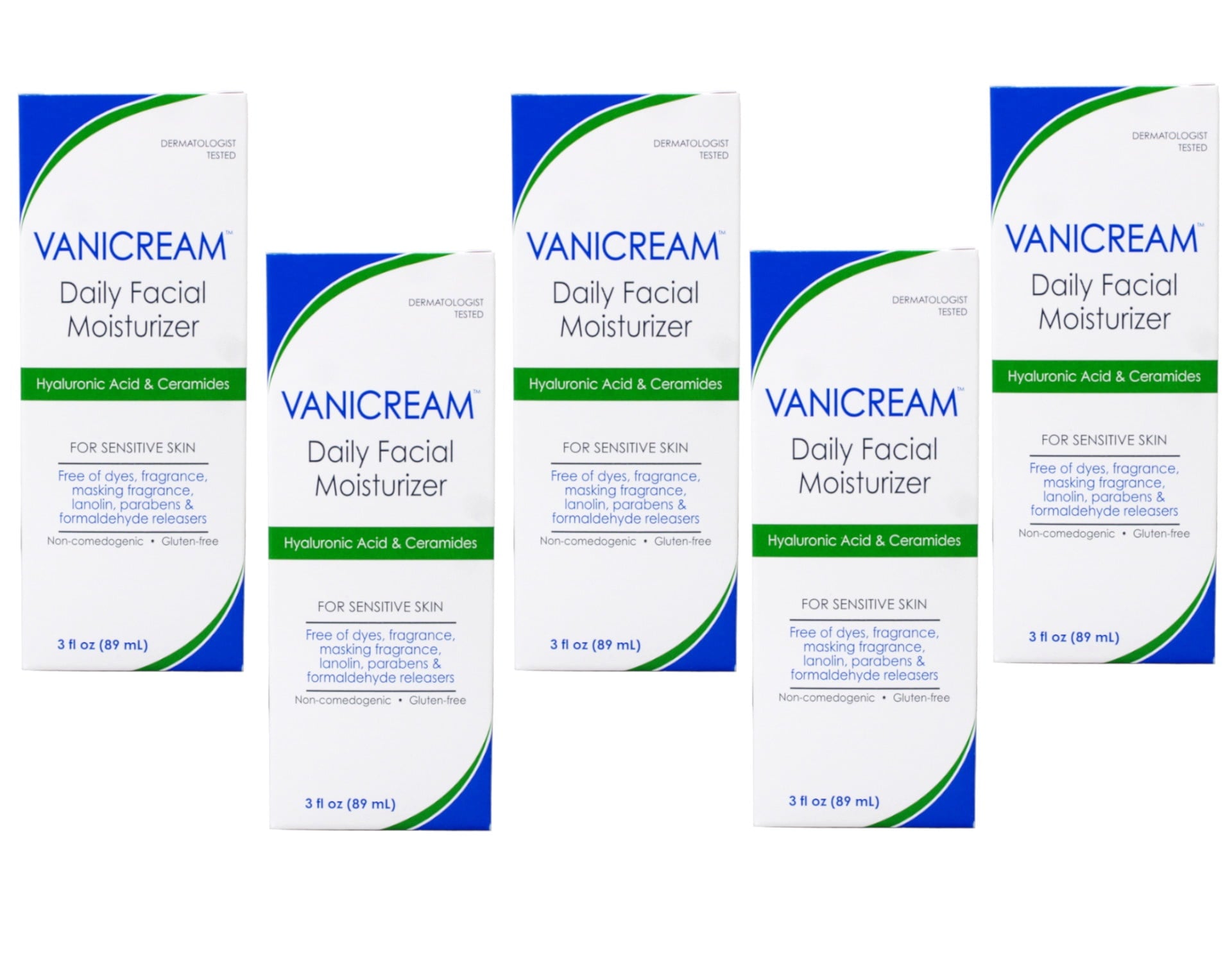 5 Pack - Vanicream Daily Facial Moisturizer For Sensitive Skin, Hyaluronic Acid & Ceramides 89 ml / 3 oz