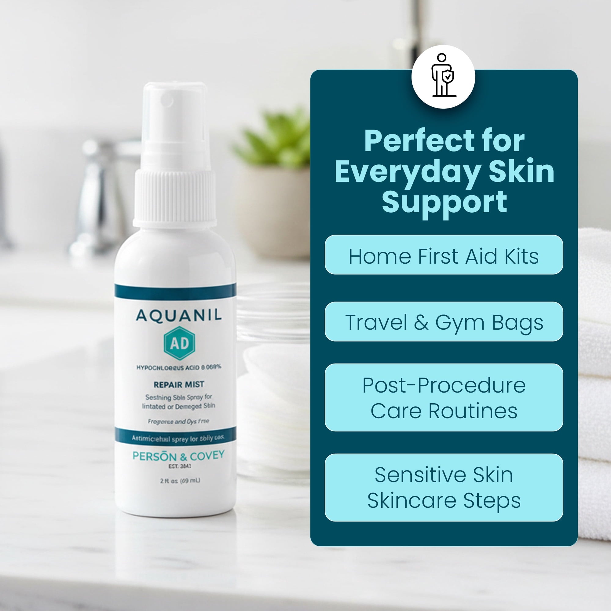Aquanil AD Repair Mist Hypochlorous Acid Spray 0.009% for Sensitive Skin, Gentle Mist for Irritation & Wound Care, Fragrance-Free, 2 oz