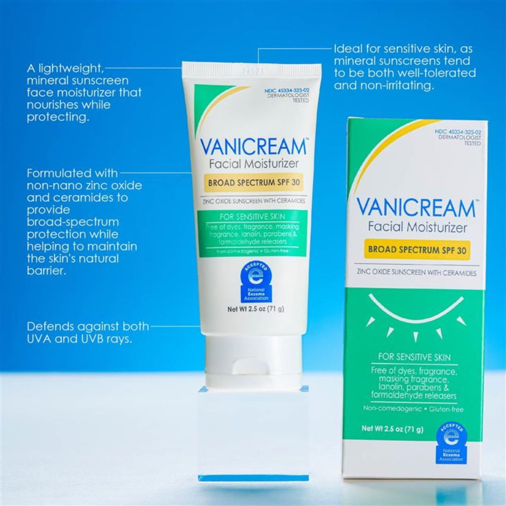 Vanicream Facial Moisturizer with SPF 30, Sunscreen with Ceramides, for Sensitive Skin, 2.5 OZ