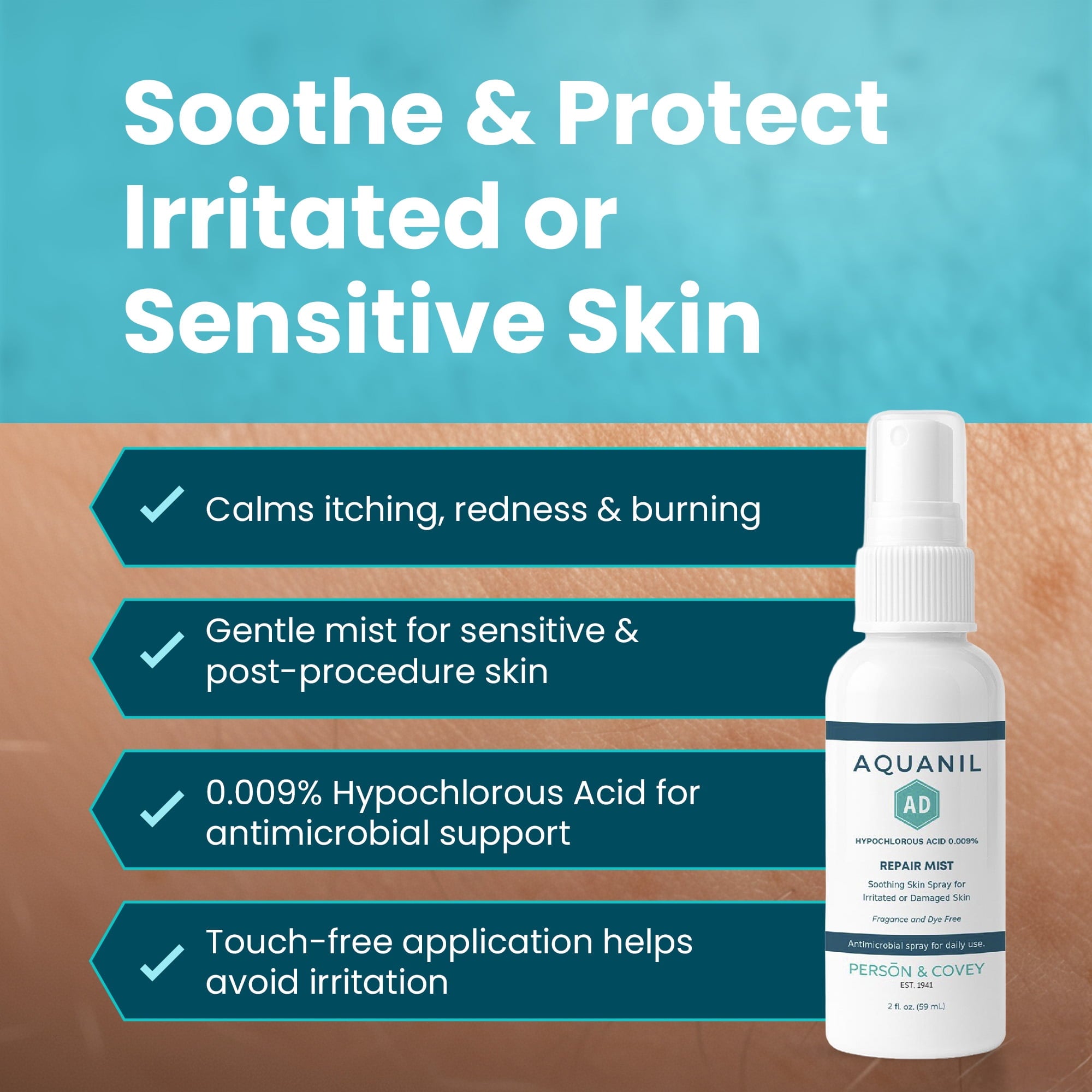 Aquanil AD Repair Mist Hypochlorous Acid Spray 0.009% for Sensitive Skin, Gentle Mist for Irritation & Wound Care, Fragrance-Free, 2 oz