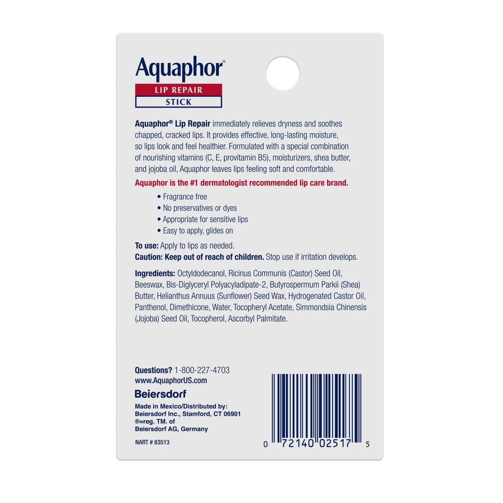Aquaphor Lip Repair Balm Stick for Dry Chapped Lips with Shea Butter, 0.17 oz, 2 Pack