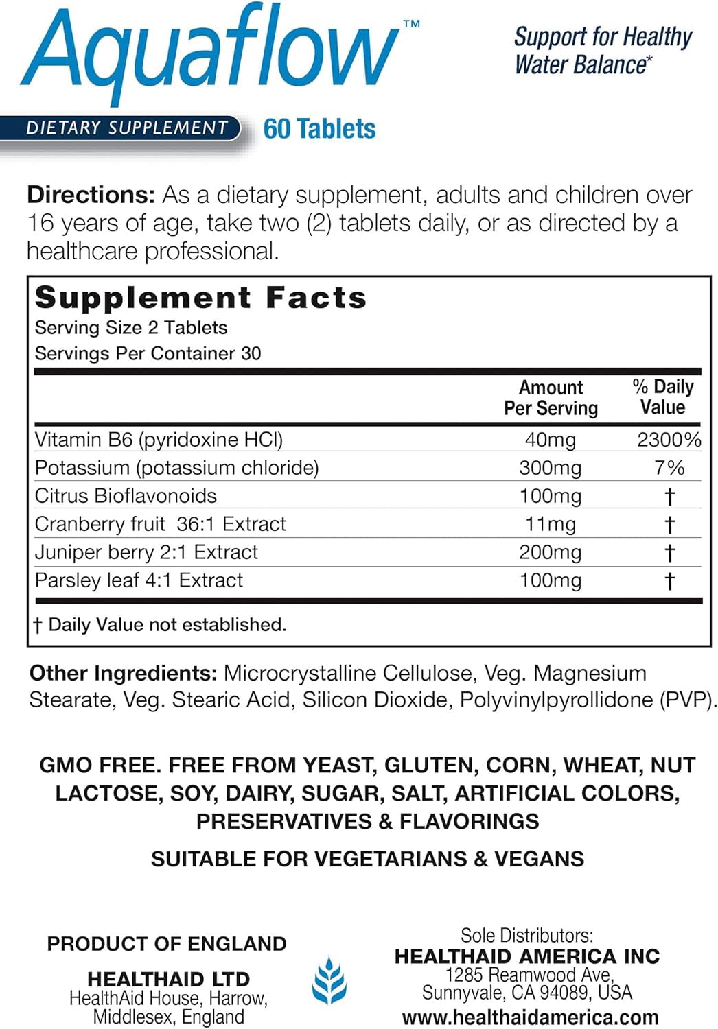 Aquaflow Water Balance Support Tablets – Helps Maintain Healthy Fluid Balance & Reduce Occasional Water Retention – Botanical Blend with Juniper, Parsley & Cranberry – Vegan – 60 Tablets*