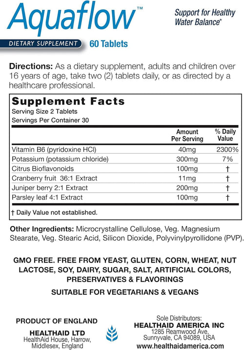 Aquaflow Water Balance Support Tablets – Helps Maintain Healthy Fluid Balance & Reduce Occasional Water Retention – Botanical Blend with Juniper, Parsley & Cranberry – Vegan – 60 Tablets*