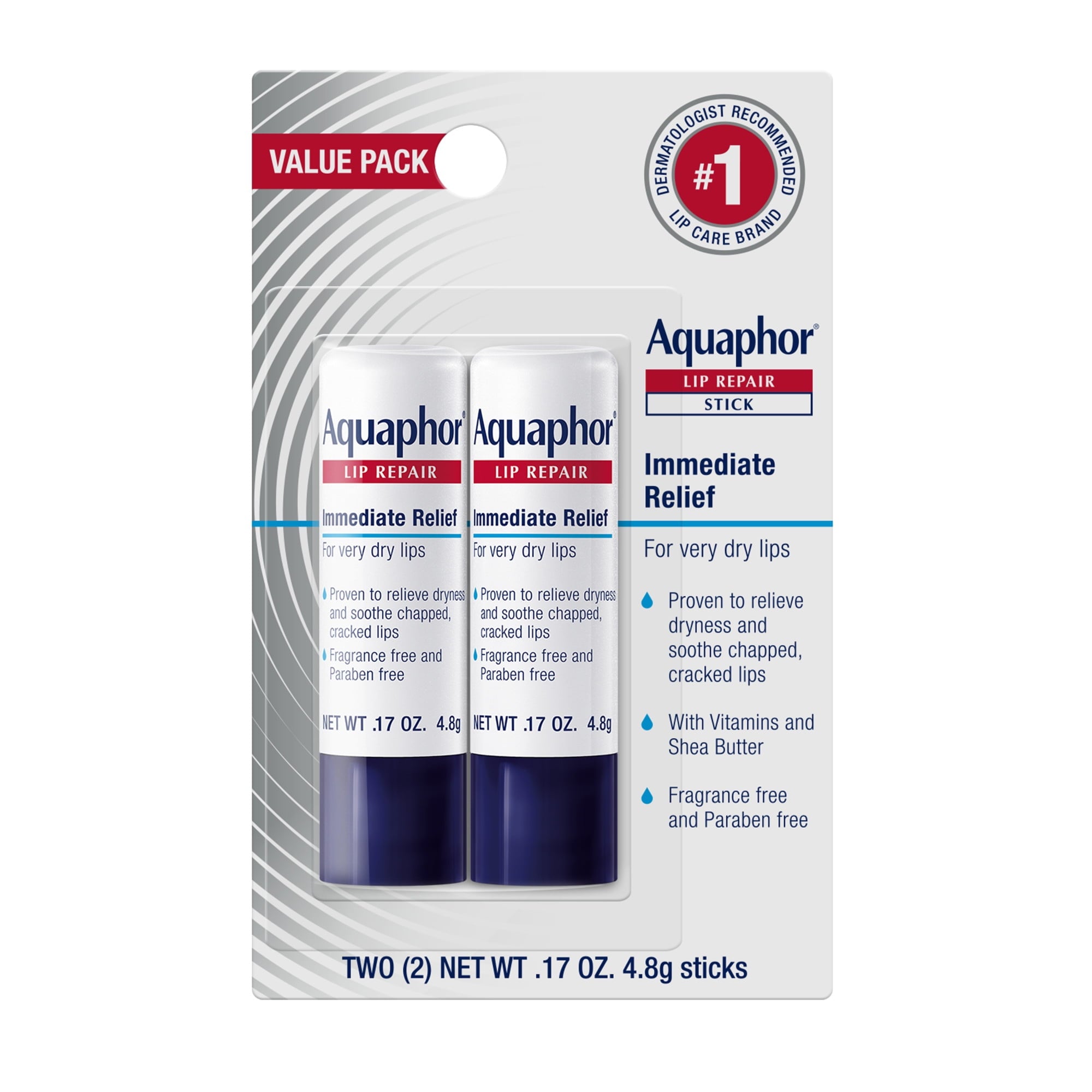 Aquaphor Lip Repair Balm Stick for Dry Chapped Lips with Shea Butter, 0.17 oz, 2 Pack