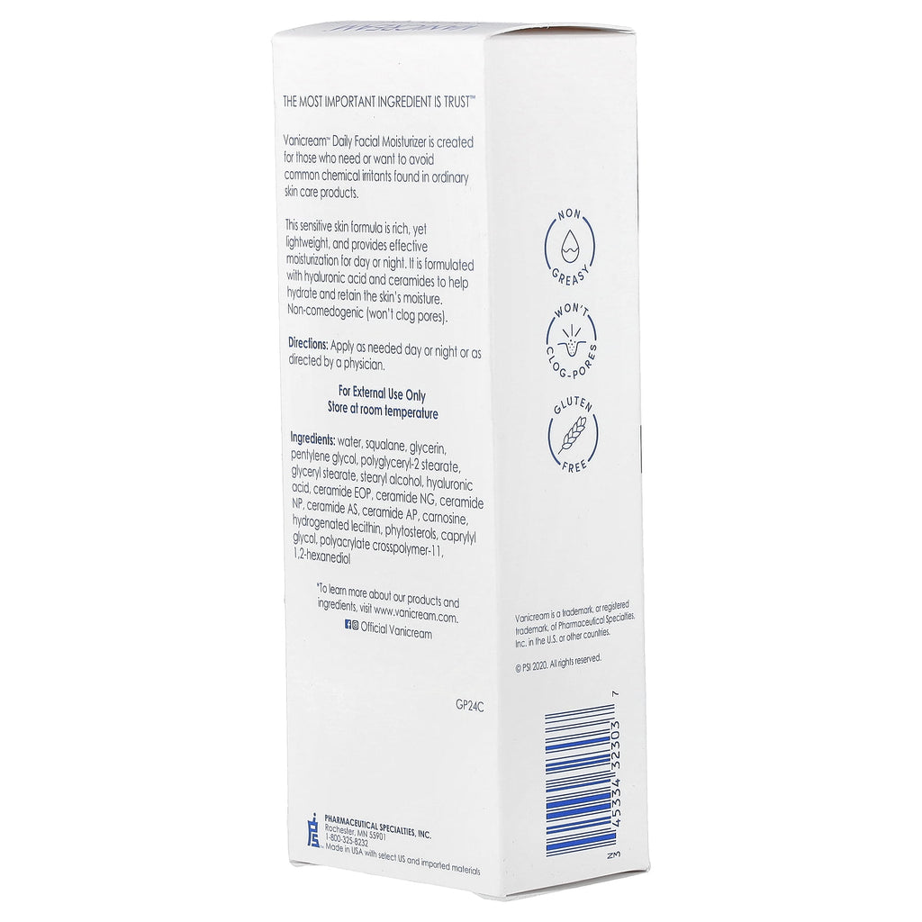 Vanicream Daily Facial Moisturizer with Hyaluronic Acid and Ceramides for Sensitive Skin, 3 fl oz