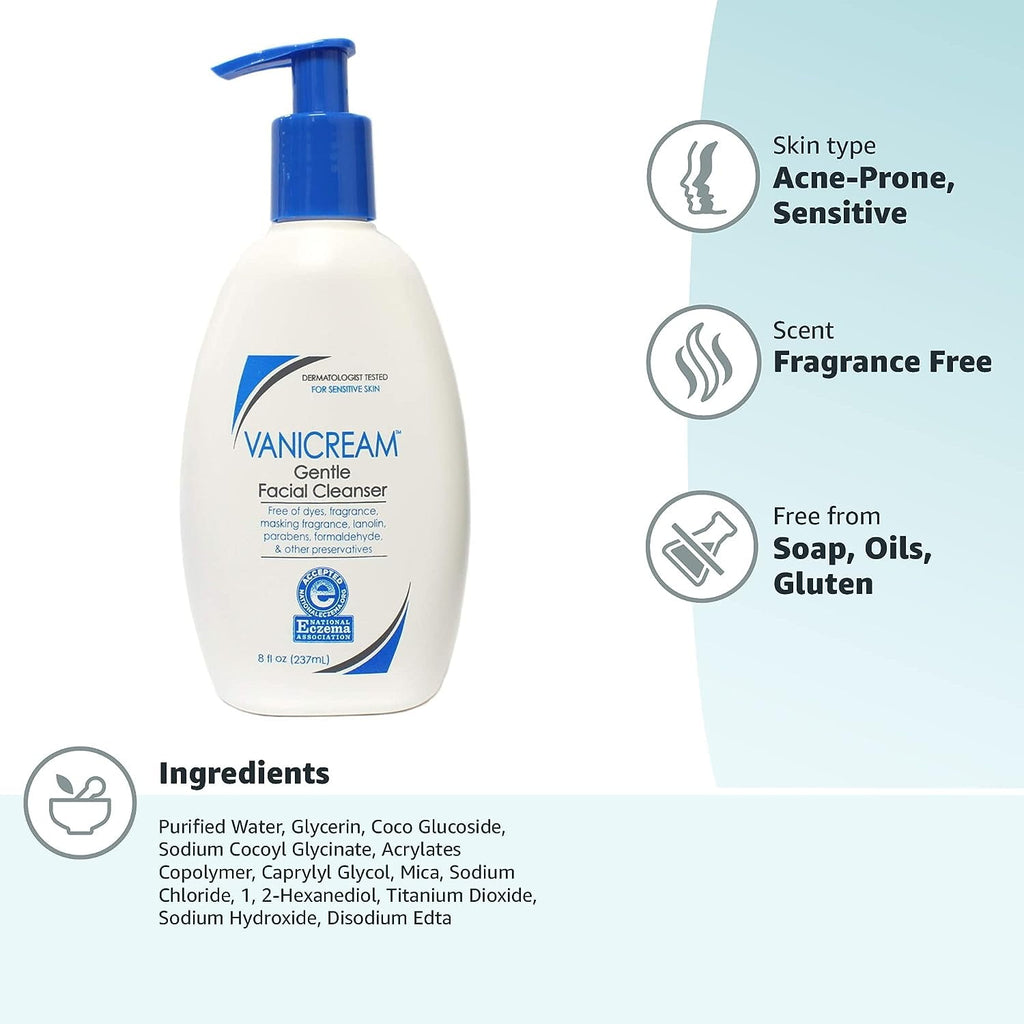 Vanicream Gentle Facial Cleanser For Sensitive Skin-Gluten Free, 8 oz (Pack of 3)