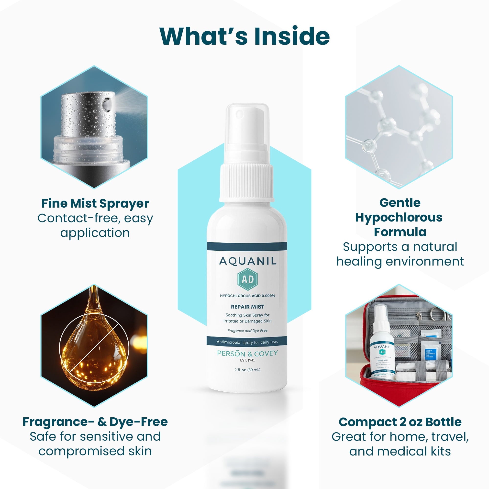Aquanil AD Repair Mist Hypochlorous Acid Spray 0.009% for Sensitive Skin, Gentle Mist for Irritation & Wound Care, Fragrance-Free, 2 oz