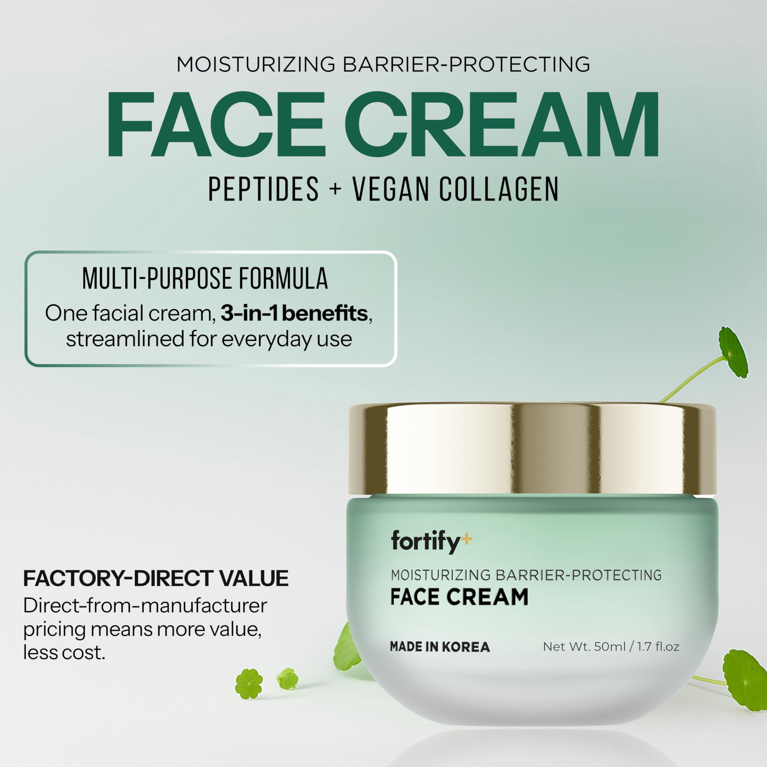 Fortify Skincare Face Cream with Peptides & Collagen – 3-in-1: Detox, Treat, Boost – Hydrating, Firming, Anti-Aging Moisturizer – Dermatologist Tested Korean Skin Care – Vegan, Clean Beauty – 1.7 Oz